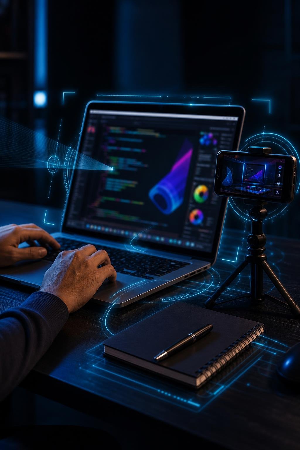 Laptop par AI tools se design aur website ka kaam karta hua student desk setup